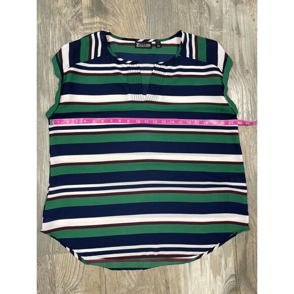 7th Avenue Design New York & Company Striped Shirt Large Green Short Sleeve - Picture 6 of 7